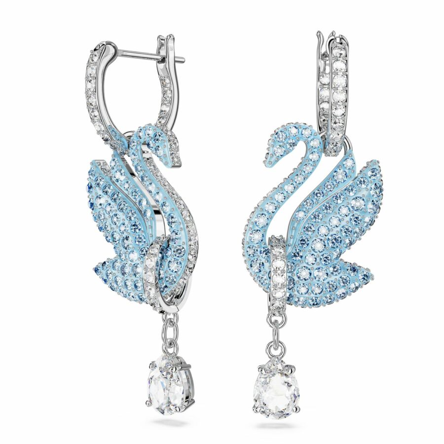 Σκουλαρίκια-σταγόνα Swarovski Iconic Swan, Κύκνος, Μπλε, Επιμετάλλωση ροδίου
