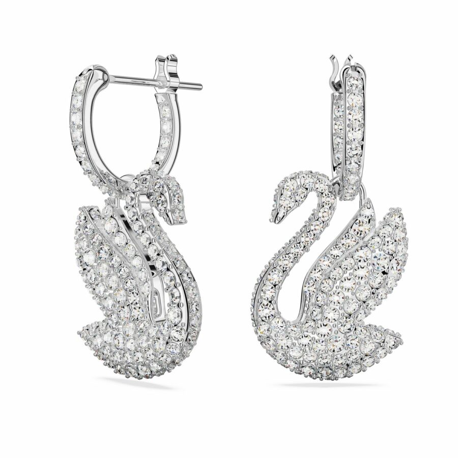 Σκουλαρίκια-σταγόνα Swarovski Iconic Swan, Κύκνος, Λευκά, Επιμετάλλωση ροδίου