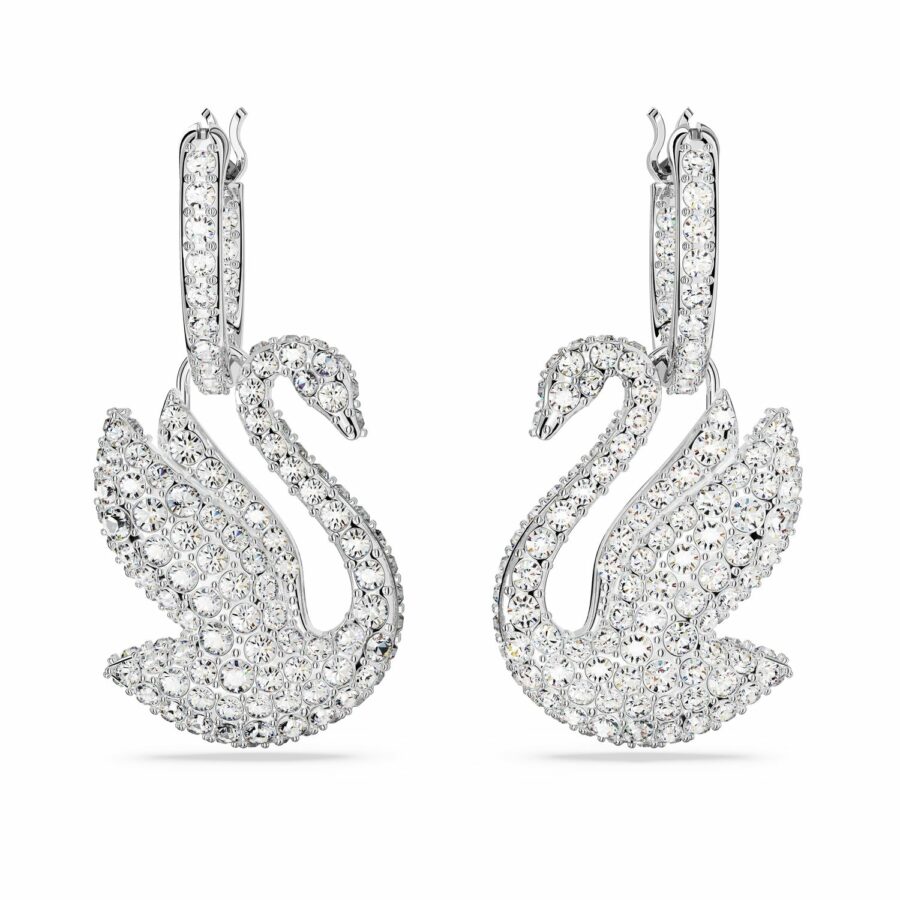 Σκουλαρίκια-σταγόνα Swarovski Iconic Swan, Κύκνος, Λευκά, Επιμετάλλωση ροδίου - Image 2