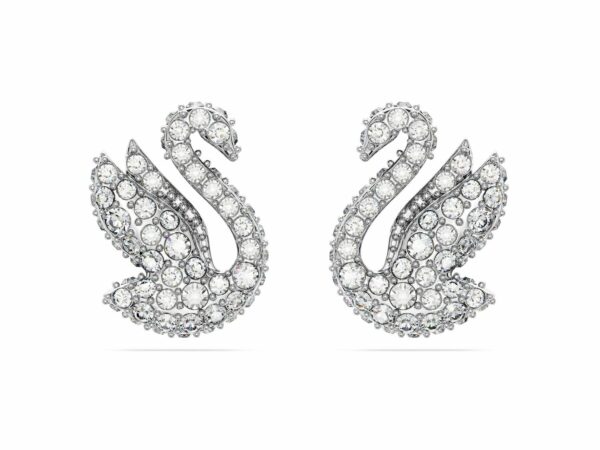 Σκουλαρίκια με καραφάκι Swarovski Iconic Swan, Κύκνος, Λευκά, Επιμετάλλωση ροδίου