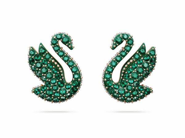 Σκουλαρίκια με καραφάκι Swarovski Iconic Swan, Κύκνος, Πράσινα, Επιμετάλλωση σε ροζ χρυσαφί τόνο
