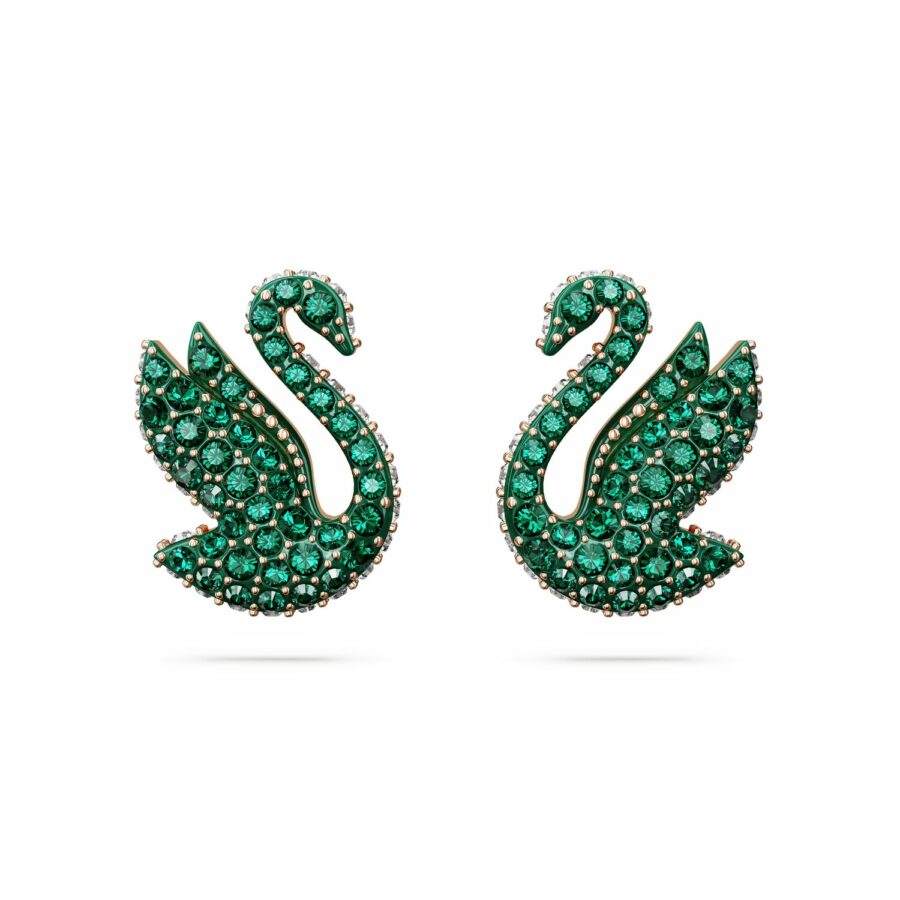 Σκουλαρίκια με καραφάκι Swarovski Iconic Swan, Κύκνος, Πράσινα, Επιμετάλλωση σε ροζ χρυσαφί τόνο