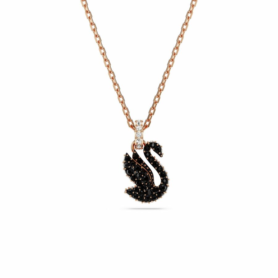 Μενταγιόν Swarovski Swan, Κύκνος, Mικρό, Μαύρο, Επιμετάλλωση σε ροζ χρυσαφί τόνο