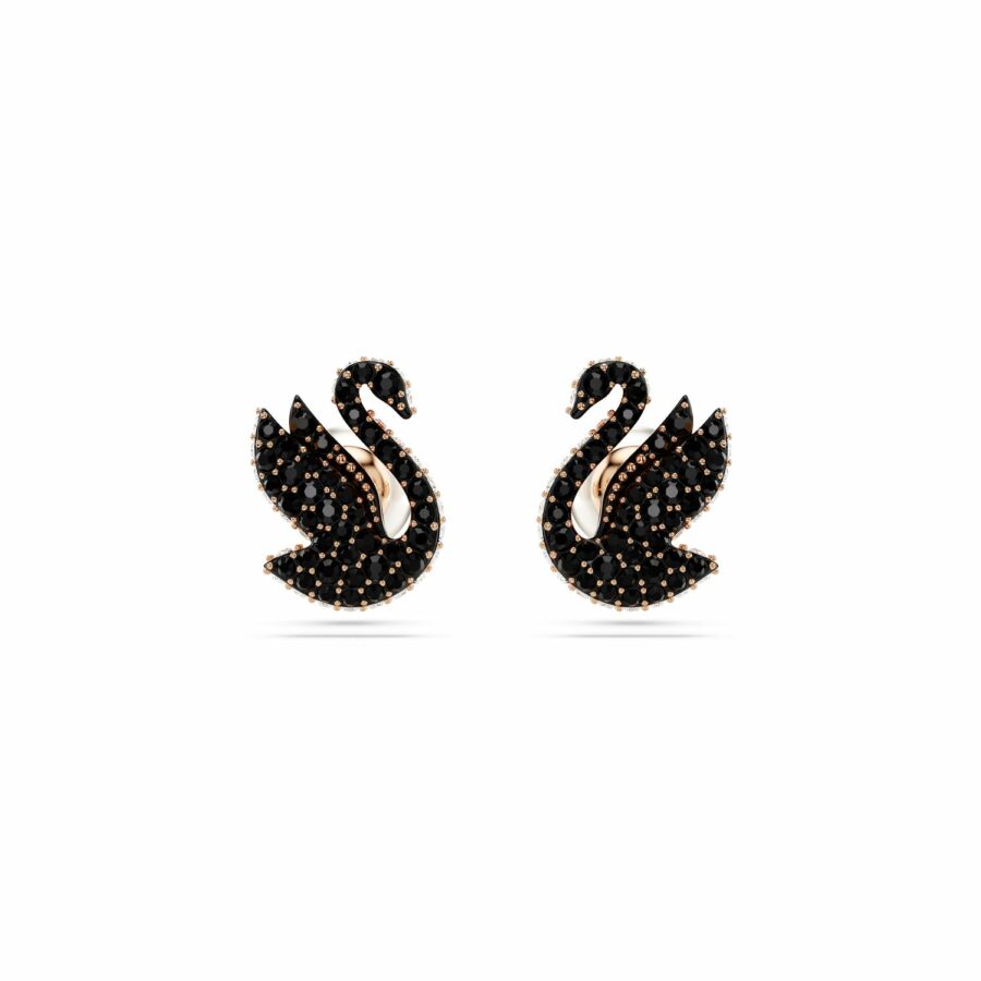 Σκουλαρίκια με καραφάκι Swarovski Swan, Κύκνος, Μαύρα, Επιμετάλλωση σε ροζ χρυσαφί τόνο
