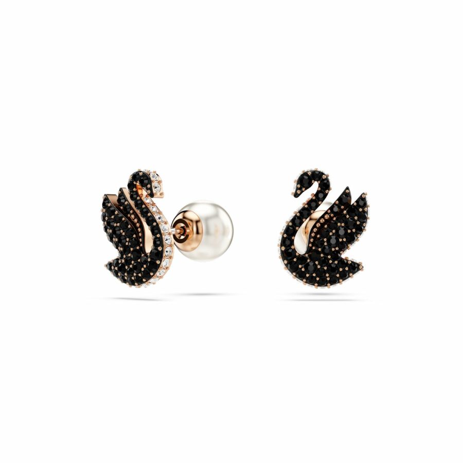 Σκουλαρίκια με καραφάκι Swarovski Swan, Κύκνος, Μαύρα, Επιμετάλλωση σε ροζ χρυσαφί τόνο - Image 2