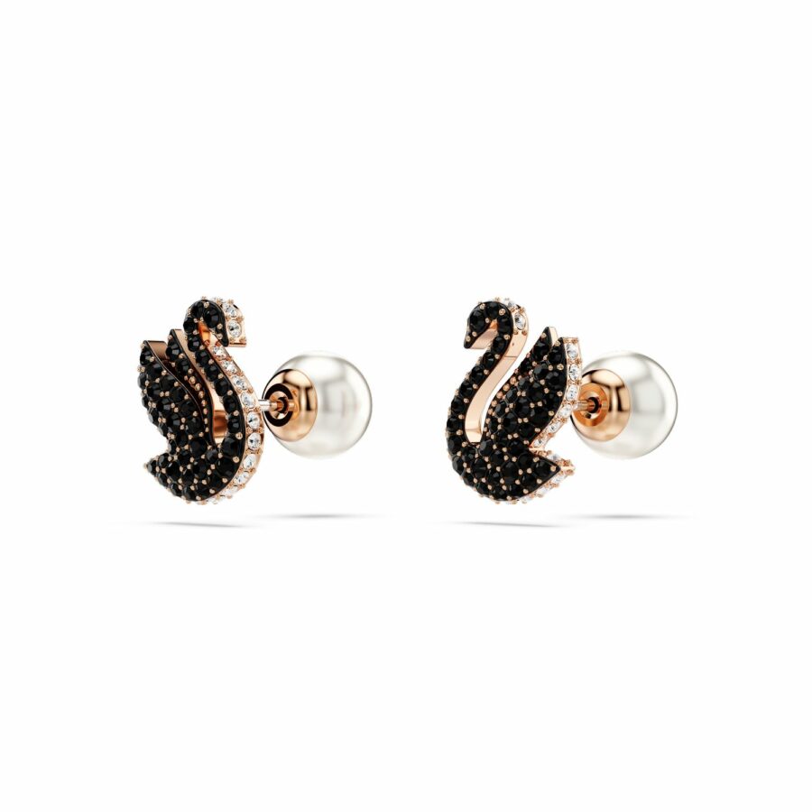 Σκουλαρίκια με καραφάκι Swarovski Swan, Κύκνος, Μαύρα, Επιμετάλλωση σε ροζ χρυσαφί τόνο - Image 3