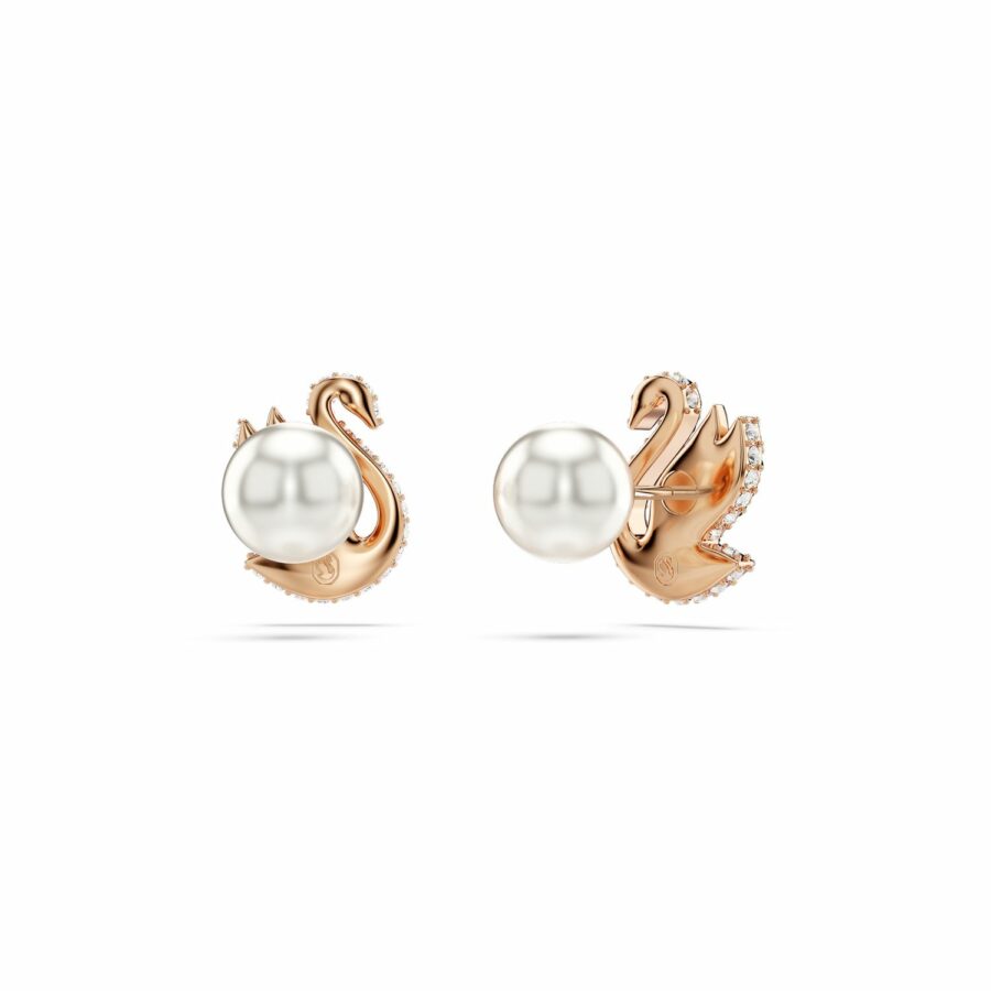 Σκουλαρίκια με καραφάκι Swarovski Swan, Κύκνος, Μαύρα, Επιμετάλλωση σε ροζ χρυσαφί τόνο - Image 4