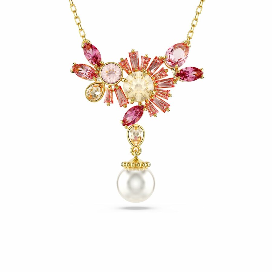 Μενταγιόν Gema, Μικτές κοπές, Crystal pearl, Λουλούδι, Ροζ, Επιμετάλλωση σε χρυσαφί τόνο