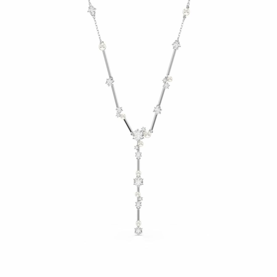 Κολιέ σε σχήμα Υ Constella, Crystal pearl, Στρογγυλές κοπές, Λευκό, Επιμετάλλωση ροδίου