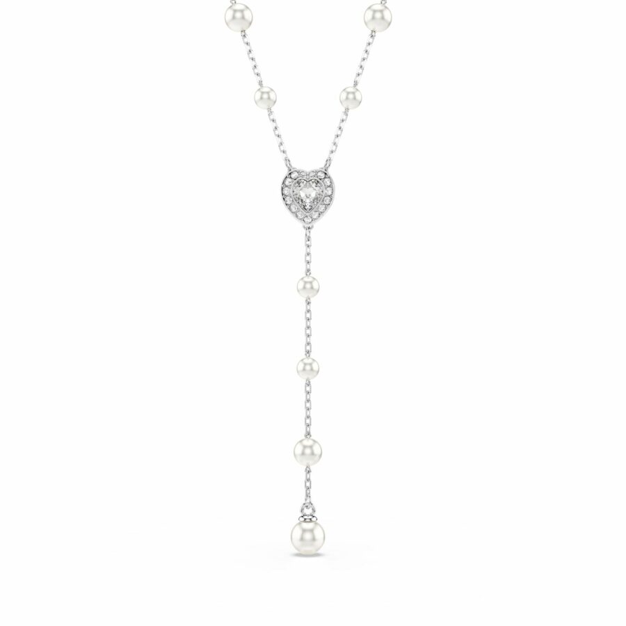 Κολιέ σε σχήμα Υ Ariana Grande x Swarovski, Crystal pearl, Μείξη κοπών, Καρδιά, Λευκό, Επιμετάλλωση ροδίου