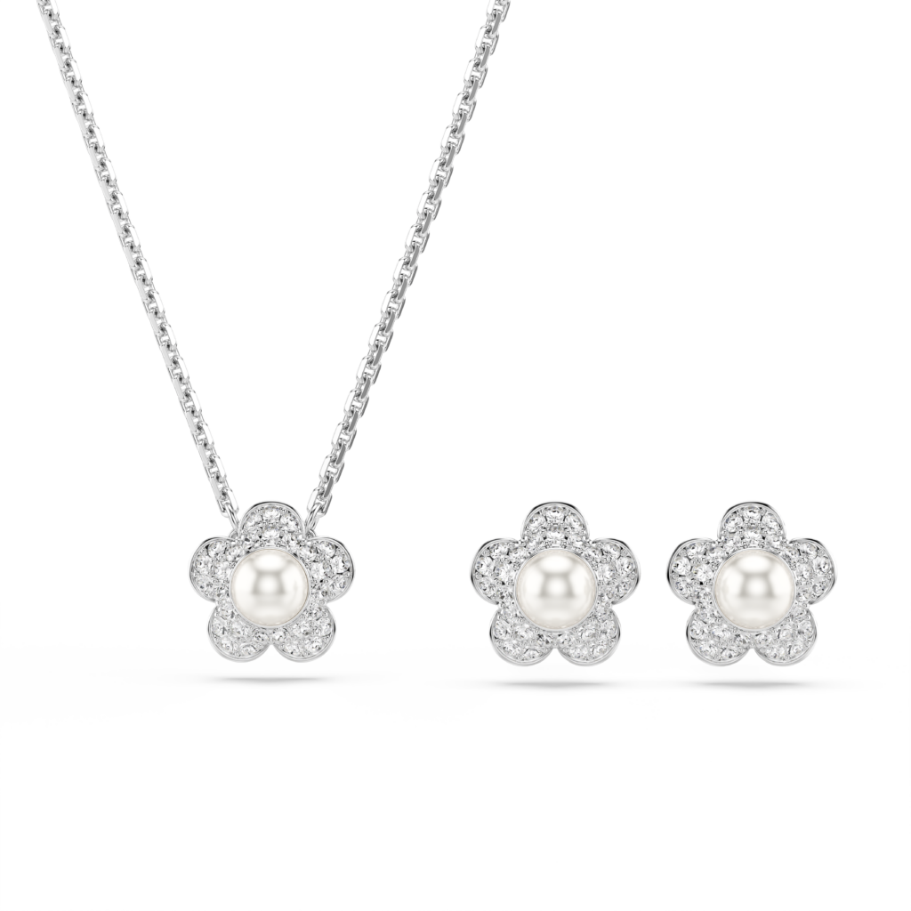 Σετ Ariana Grande x Swarovski, Crystal pearl, Στρογγυλή κοπή, Λουλούδι, Λευκό, Επιμετάλλωση ροδίου