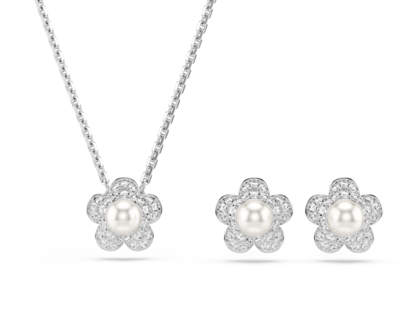 Σετ Ariana Grande x Swarovski, Crystal pearl, Στρογγυλή κοπή, Λουλούδι, Λευκό, Επιμετάλλωση ροδίου